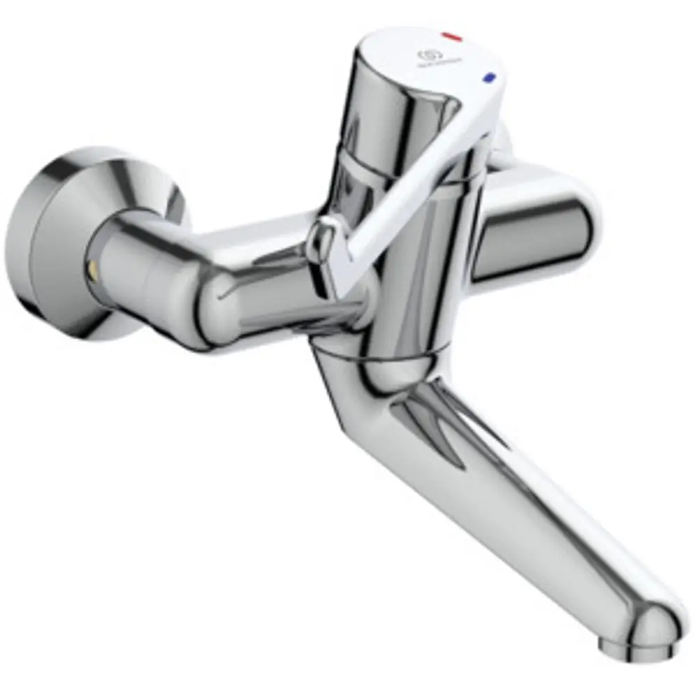 Chromfarbener Wasserhahn von Ideal Standard mit Hebel und Auslauf. Montage erfolgt an der Wand. Simplistisches Design ohne auffällige Details oder Verzierungen.